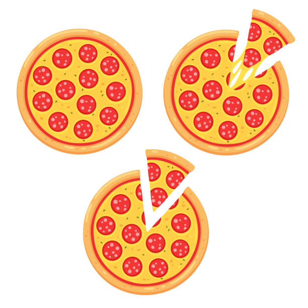 Pepperoni pizza with slice Pepperoni pizza icon set with slice. Simple cartoon style vector illustration. pizza stock illustrations