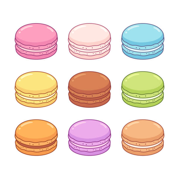 macaron-cookies setzen - macaroon french cuisine cake cookie stock-grafiken, -clipart, -cartoons und -symbole