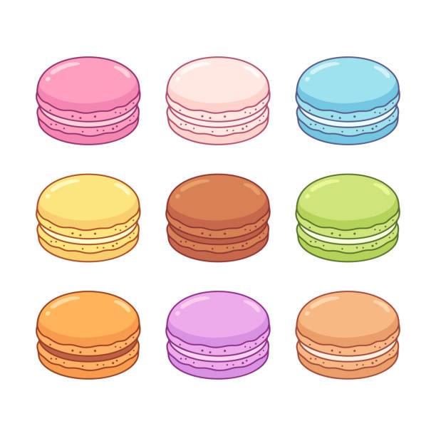Macaron cookies set Hand drawn macarons set. Traditional French almond cookies in different colors, isolated vector illustration in cute cartoon style. macaroon stock illustrations