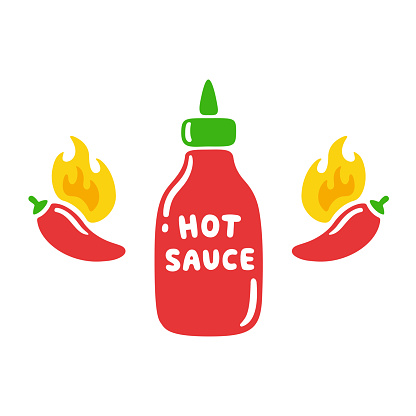 Hot sauce bottle with red chili peppers and flames. Simple cartoon drawing, mexican food vector illustration.