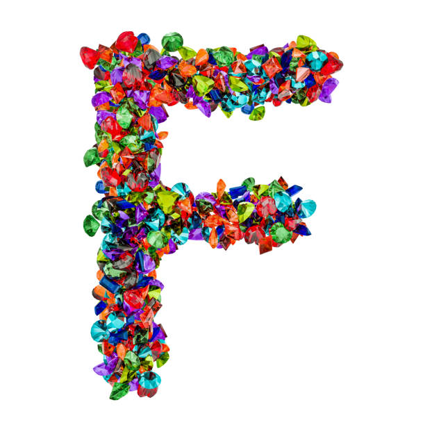 Letter F from colored gemstones. 3D rendering isolated on white background