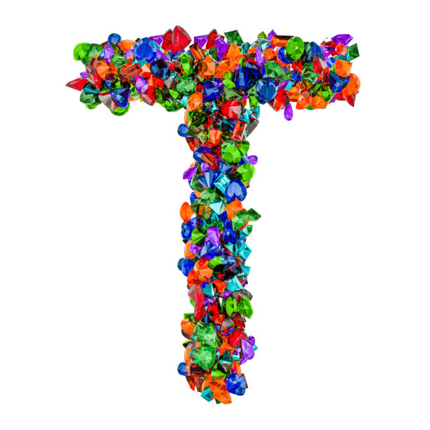 Letter T from colored gemstones. 3D rendering isolated on white background