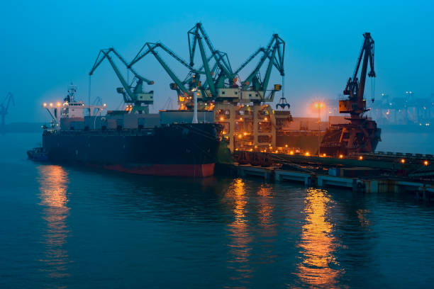 istock Port of Rizhao, China in deep blue twilight 1141055320