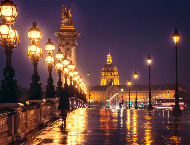 pont alexandre iii por la noche, mirando hacia les invalides. parís, francia. - nightlife city night rain fotografías e imágenes de stock