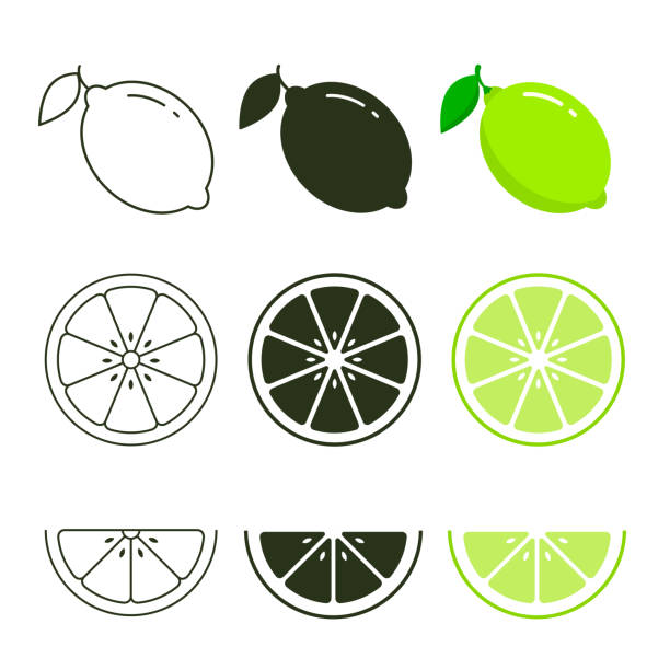 lime-icon setzen frische früchte, bunte, schwarze und line-icon-sammlung der vektorillustration - zitrone stock-grafiken, -clipart, -cartoons und -symbole
