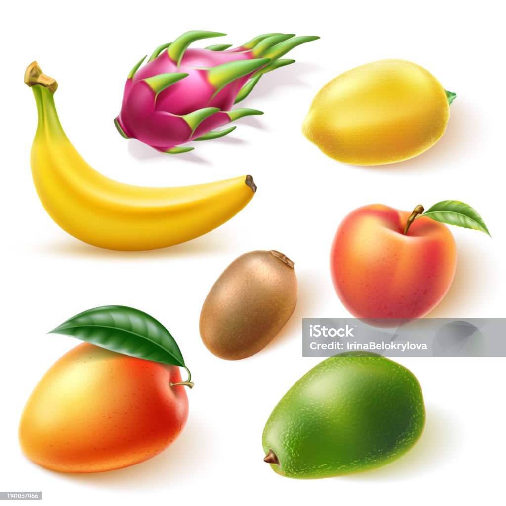 Full Fruit Set Vector Realistic Fresh Exotic Whole Fruits Set Stock Illustration ...