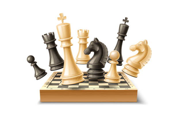 Vector realistic 3d chess pieces chessboard set Realistic chess pieces and chessboard set. King, queen bishop and pawn horse rook Black and white chess figures for strategic board game. Intellectual leisure activity. 3d objects for vector design chess stock illustrations