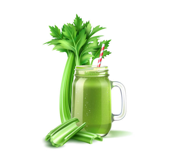 illustrazioni stock, clip art, cartoni animati e icone di tendenza di frullato verde vettoriale in barattolo di muratore con paglia - juice celery drink vegetable