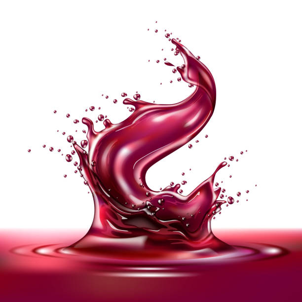 ilustrações, clipart, desenhos animados e ícones de suco de uva do vetor 3d, líquido do respingo do vinho vermelho - juicy