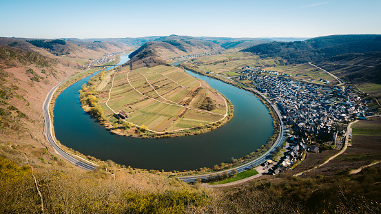 Moselle river bend with the historic town of Bremm, Rheinland-Pfalz, Germany