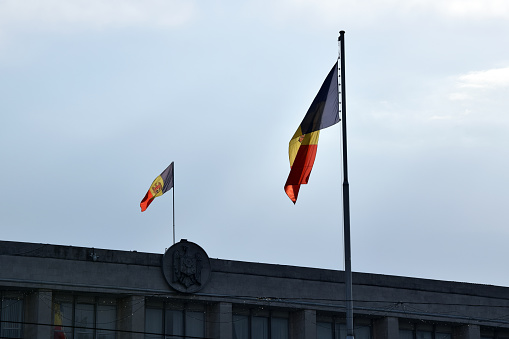 Moldovan Flags on Government House. Chisinau, Moldova.