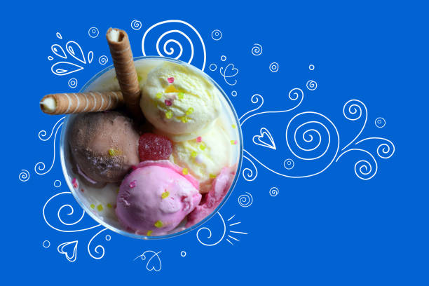 A cup of ice cream with rolled wafers. ice cream with blue background, and hand drawn elements. A cup of ice cream with rolled wafers. ice cream with blue background, and hand drawn elements. ice cream with wafer rolls stock pictures, royalty-free photos & images