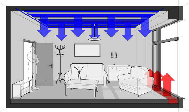 empty room with french window and ceiling cooling and floor heating convector and furniture 3d illustration of  room furnished with sofa and chair and table and cabinets and ceiling lamp and cloths hanger and painting on the wall with door and tall french window and standing man in the opened door and ceiling cooling and floor convector for heating in front of window space heater stock illustrations