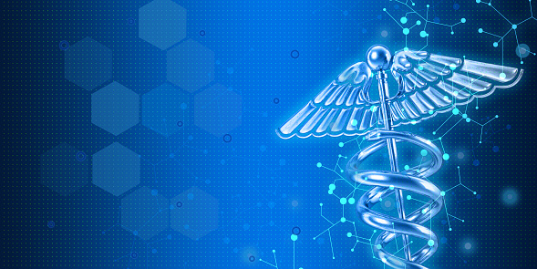 Caduceus image as medical symbol on modern blue background with large copy space.