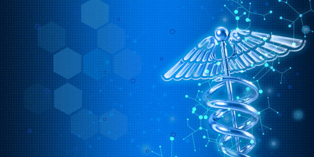 Medical symbol image on high tech blue background Caduceus image as medical symbol on modern blue background with large copy space. caduceus stock pictures, royalty-free photos & images