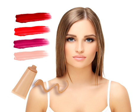 Drawing pink lipstick, Multicolored lipstick palette,tube of foundation