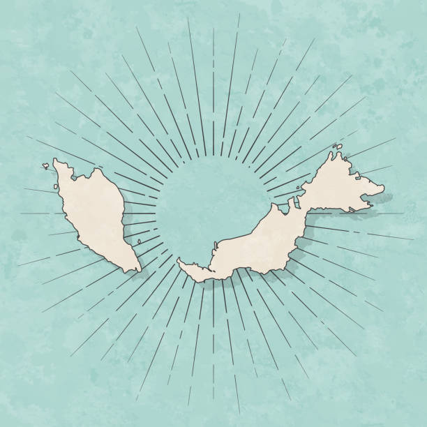 Map of Malaysia in a trendy vintage style. Beautiful retro illustration with old textured paper and light rays in the background (colors used: blue, green, beige and black for the outline). Vector Illustration (EPS10, well layered and grouped). Easy to edit, manipulate, resize or colorize.