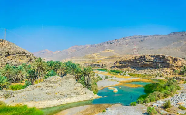 View of an oasis and a village under the Hajar mountains range in Oman.