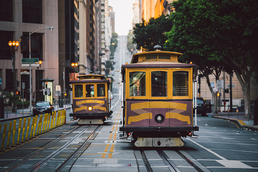 Classic panorama view of historic San Francisco Cable Cars on famous California Street at sunset with retro vintage Instagram style VSCO filter effect, central San Francisco, California, USA