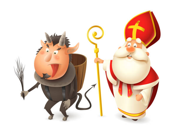 ilustrações de stock, clip art, desenhos animados e ícones de saint nicholas or sinterklaas and krampus - central european traditional characters - isolated on white - santas sack