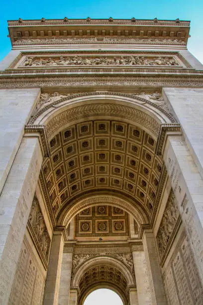 Photo of Arc de Triomphe during the gloaming hour in Paris in March, 2019.