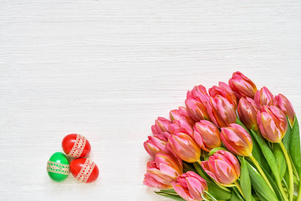 istock Easter background. Colorful Easter eggs and pink tulips on white background. Copy space, top view. 1141064123