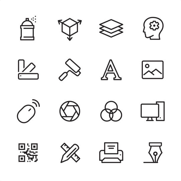Graphic Design Studio - outline icon set 16 line black on white icons / Graphic Design Studio Set #90
Pixel Perfect Principle - all the icons are designed in 48x48pх square, outline stroke 2px.

First row of outline icons contains: 
Spray Paint, Three Dimensional, Paper Stack, Ideas;

Second row contains: 
Color Swatch, Paint Roller, Typescript, Photography;

Third row contains: 
Computer Mouse, Aperture, Multi - Layered Effect, Desktop PC; 

Fourth row contains: 
QR Code, Crossed Ruler and Pencil, Printer, Nib.

Complete Inlinico collection - https://www.istockphoto.com/collaboration/boards/2MS6Qck-_UuiVTh288h3fQ stack of papers stock illustrations