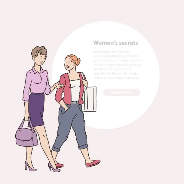 Vector illustration of Young woman walking down street and talking. Walk and chat two women friends in summer time vector line art illustration banner and round area for text.