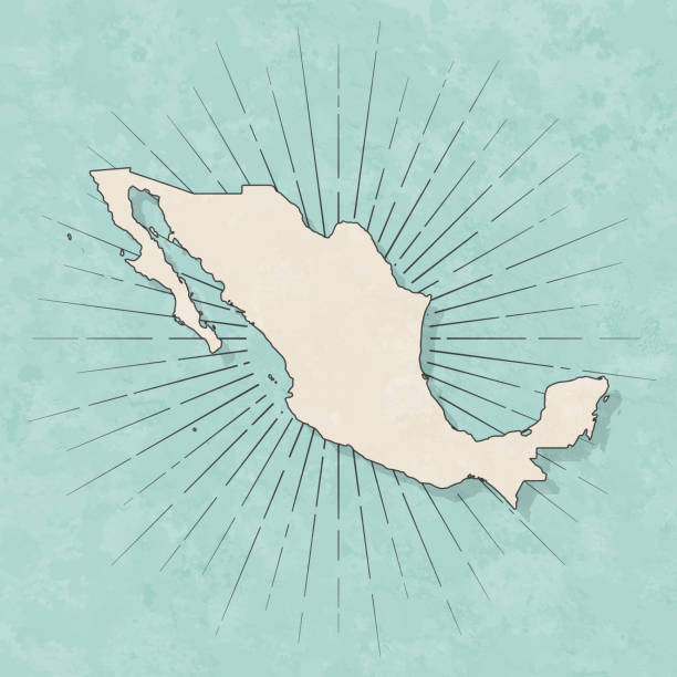 Mexico map in retro vintage style - Old textured paper Map of Mexico in a trendy vintage style. Beautiful retro illustration with old textured paper and light rays in the background (colors used: blue, green, beige and black for the outline). Vector Illustration (EPS10, well layered and grouped). Easy to edit, manipulate, resize or colorize. mexico stock illustrations