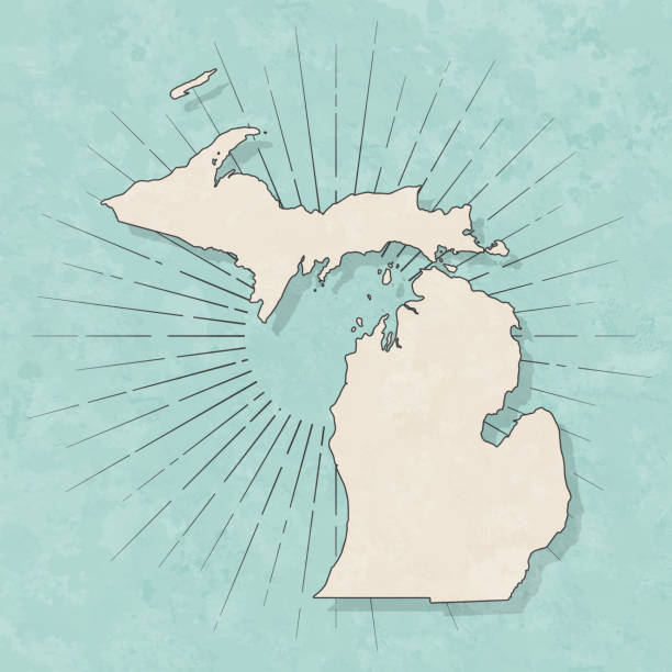 Michigan map in retro vintage style - Old textured paper Map of Michigan in a trendy vintage style. Beautiful retro illustration with old textured paper and light rays in the background (colors used: blue, green, beige and black for the outline). Vector Illustration (EPS10, well layered and grouped). Easy to edit, manipulate, resize or colorize. michigan stock illustrations