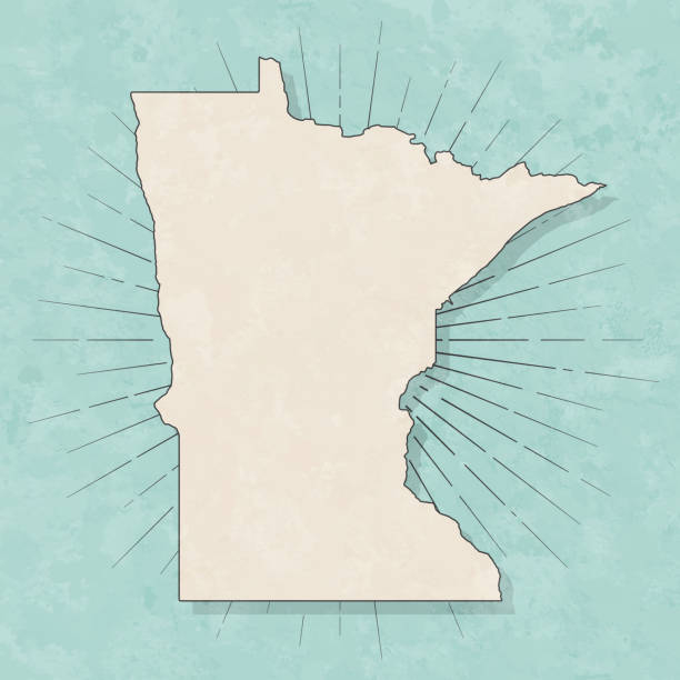 Minnesota map in retro vintage style - Old textured paper Map of Minnesota in a trendy vintage style. Beautiful retro illustration with old textured paper and light rays in the background (colors used: blue, green, beige and black for the outline). Vector Illustration (EPS10, well layered and grouped). Easy to edit, manipulate, resize or colorize. minnesota illustrations stock illustrations