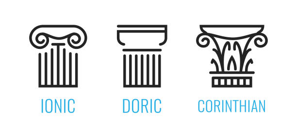 Ionic orders of ancient Greece. Ionic, Dorian, Corintian column lineart shapes isolated on white background. Ionic orders of ancient Greece. Ionic, Dorian, Corintian column lineart shapes isolated on white background. Vector icons in EPS10 for Architecture and Law business. ionic stock illustrations
