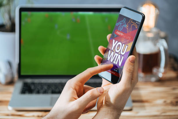 istock Man celebrating victory after making bets at bookmaker website 1141068691