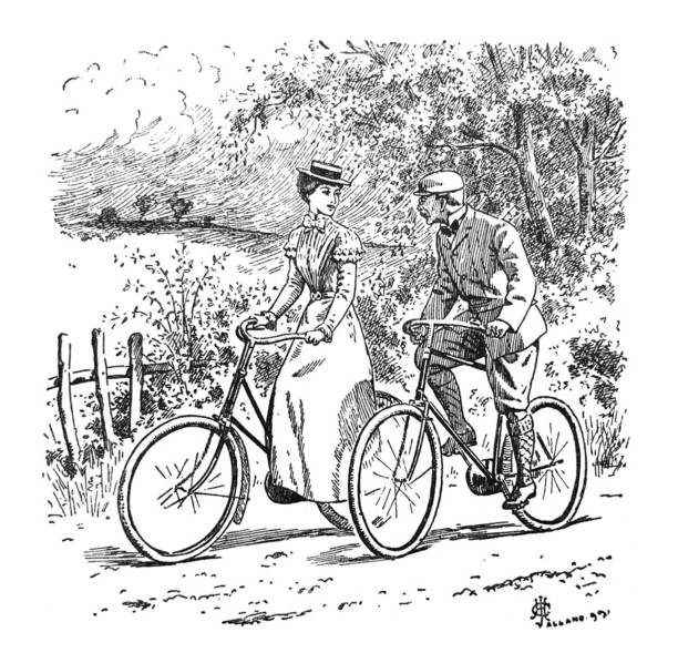 British satire comic cartoon illustrations - Couple on bicycles - illustration From Punch's Almanack 1899. punch puppet stock illustrations