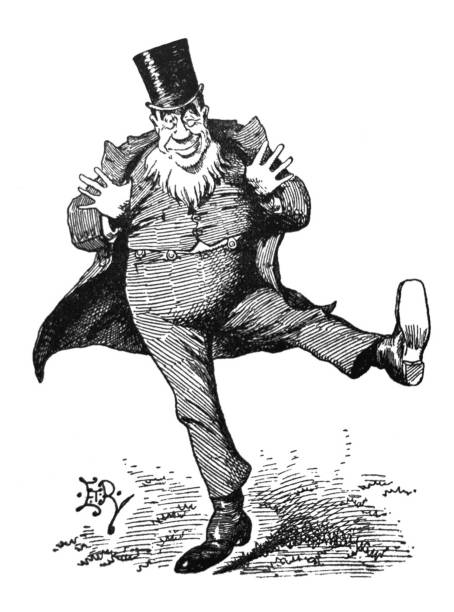 British satire comic cartoon illustrations - Happy dancing man with top hat Punch magazine illustration 1899 punch puppet stock illustrations