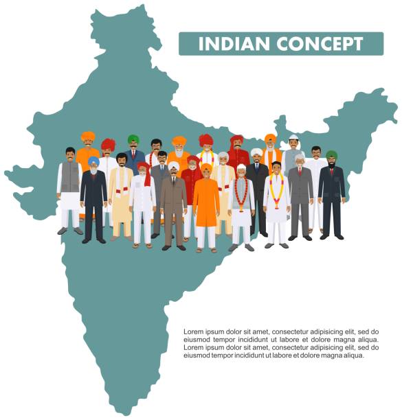 familiäres und soziales konzept. gruppen-indische junge, erwachsene und ältere menschen stehen zusammen in verschiedenen traditionellen nationalkleidung auf dem hintergrund mit karte von indien im flachen stil. vector illustration. - indian culture family senior adult asian ethnicity stock-grafiken, -clipart, -cartoons und -symbole