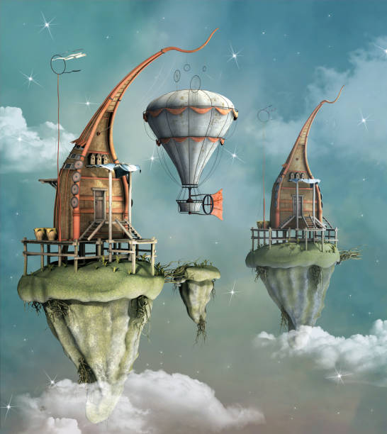 Bizarre village in flight Fantasy flying town with an hot air balloon - 3D illustration surreal fantasy stock pictures, royalty-free photos & images