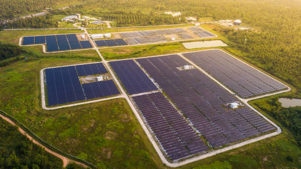 istock Solar panels in aerial view . 1141075989