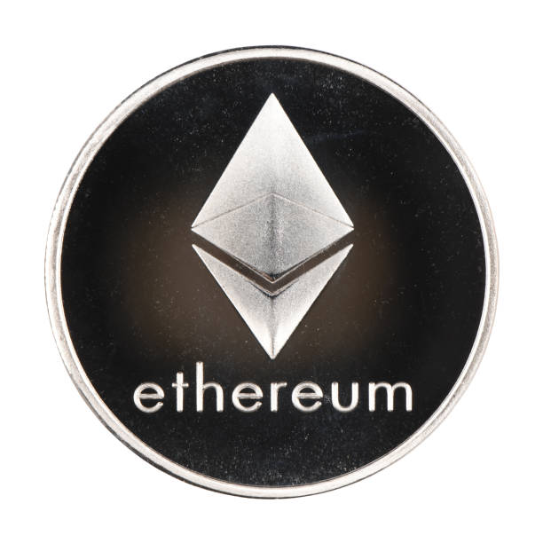 Vinnitsa, Ukraine – April 5, 2019: Silver ethereum isolated on white background. (clipping path) An editorial stock photo of a studio shot: Silver ethereum isolated on white background. High resolution photo. With clipping path. Full depth of field. ethereum stock pictures, royalty-free photos & images
