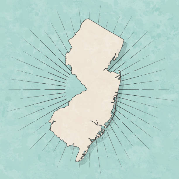 Map of New Jersey in a trendy vintage style. Beautiful retro illustration with old textured paper and light rays in the background (colors used: blue, green, beige and black for the outline). Vector Illustration (EPS10, well layered and grouped). Easy to edit, manipulate, resize or colorize.