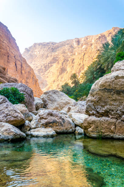 wadi shab in oman ist ein beliebter ort für besucher, die in einer abgelegenen oase frei schwimmen wollen. - tiwi stock-fotos und bilder
