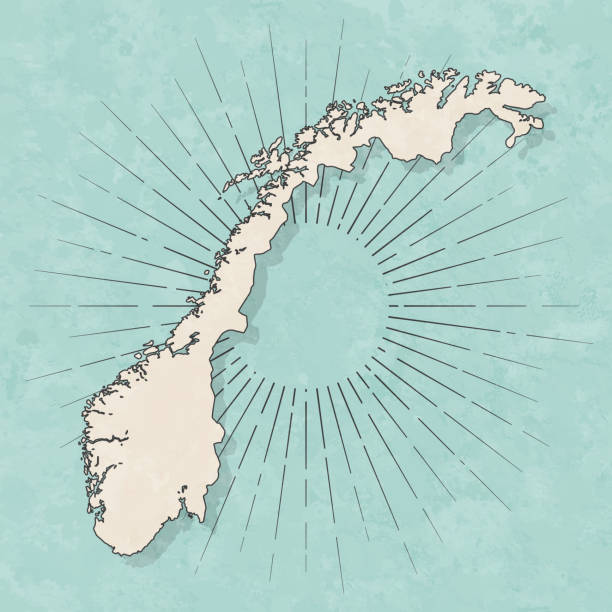 Norway map in retro vintage style - Old textured paper Map of Norway in a trendy vintage style. Beautiful retro illustration with old textured paper and light rays in the background (colors used: blue, green, beige and black for the outline). Vector Illustration (EPS10, well layered and grouped). Easy to edit, manipulate, resize or colorize. green map of norway stock illustrations