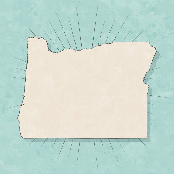 Map of Oregon in a trendy vintage style. Beautiful retro illustration with old textured paper and light rays in the background (colors used: blue, green, beige and black for the outline). Vector Illustration (EPS10, well layered and grouped). Easy to edit, manipulate, resize or colorize.