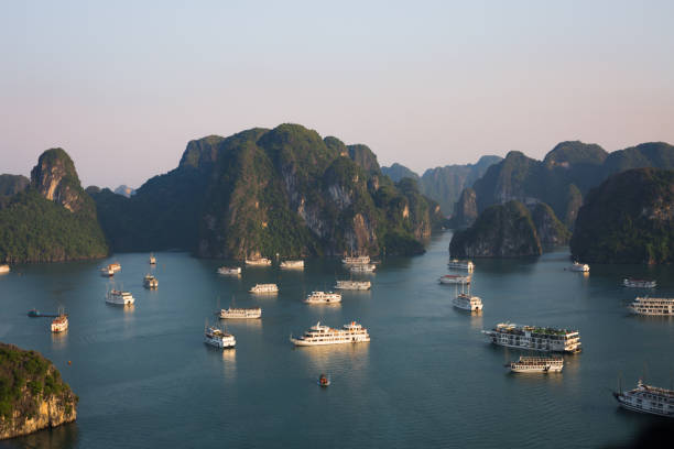 cruise ships in serene vietnam's halong bay - halong bay vietnam bay cruise imagens e fotografias de stock