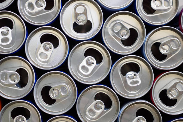 istock Empty aluminium drink cans recycling background concept 1141095421