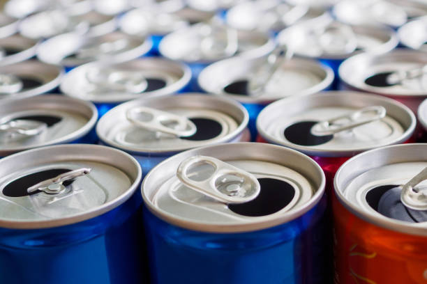 istock Empty aluminium drink cans recycling background concept 1141095423