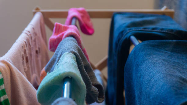 Mismatched, pair of ankle socks drying on a laundry rack with woman's clothes including blue jeans and pink eyelet sweater, indoors in a living room. Depicting laundry day, cleaning, chores, missing socks, etc.