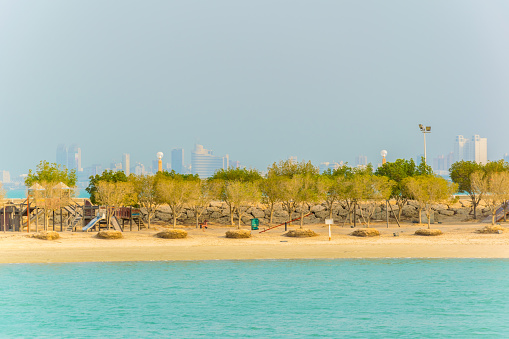 View of a beach on the Green island park built on reclaimed land in Kuwait.