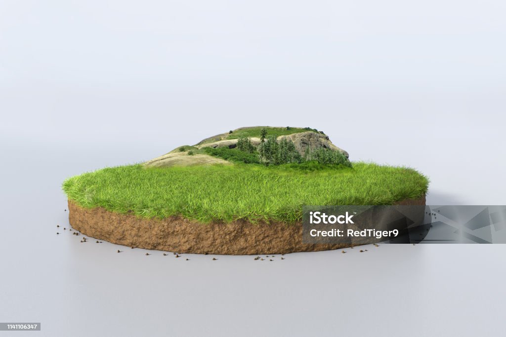 3D Illustration round soil ground cross section with earth land, green grass and mountain Realistic 3D rendering circle cutaway terrain floor with rock isolated, 3D Illustration round soil ground cross section with earth land, green grass and mountain Land Stock Photo