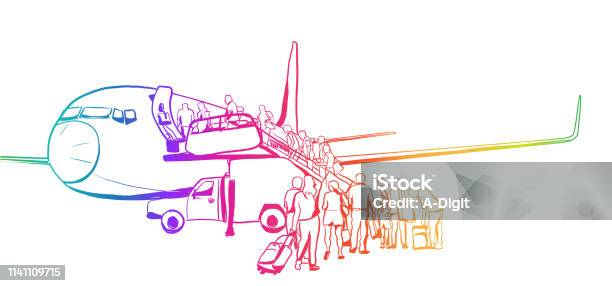 Air Travel Boarding Rainbow Stock Illustration - Download Image Now - Adult, Aircraft Wing, Airplane
